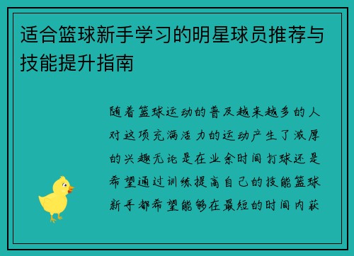 适合篮球新手学习的明星球员推荐与技能提升指南
